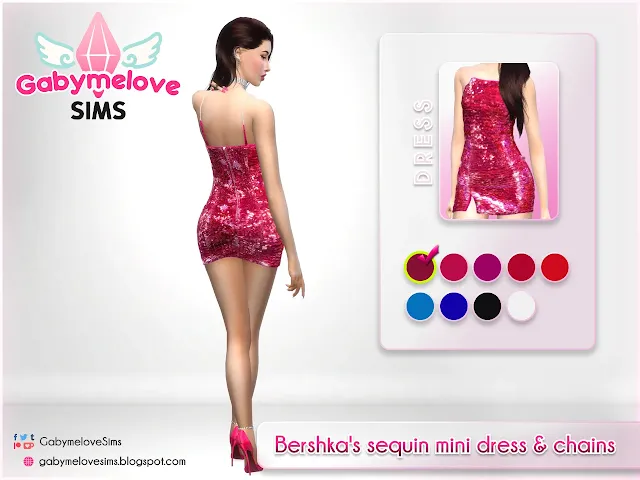 Sims 4 CC | Clothing: Bershka's shiny sequin mini dress & chains for women | Gabymelove Sims | Mini vestido corto de lentejuelas brillantes con tirantes de cadenas de Bershka para mujeres, mujer, femenino, lentejuela, sequins, fashion, mod, ropa, conjunto, download, descargar, gratis, free