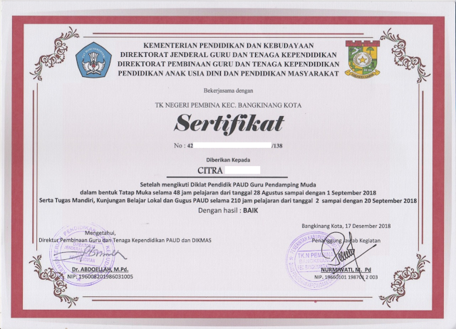 contoh sertifikat diklat berjenjang tingkat dasar bagi pendidik dan tenaga kependidikan PAUD