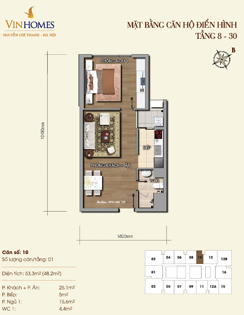 Căn 1 phòng ngủ, diện tích 53.3m2