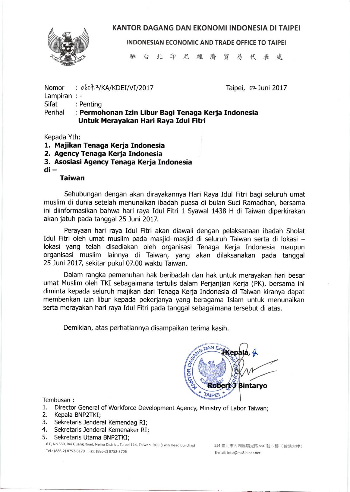 Surat Izin Libur TKI untuk Merayakan Hari Raya Idul Fitri 