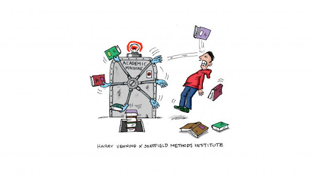 A cartoon of a student having academic text thrown at them by an academic machine