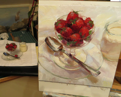 A still life painting of strawberries in progress on the easel Shannon Reynolds 2016