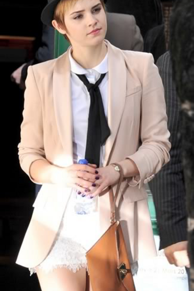 Emma Watson did the menswear look with a short neck tie and boyfriend 