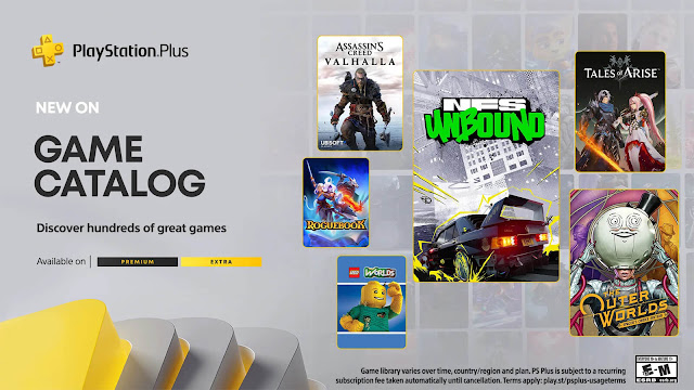 playstation plus extra premium tier game catalog assassin's creed valhalla lego jurassic world need for speed unbound nfs rogue lords roguebook tales of arise zestiria the outer worlds spacer's choice edition ps1 classics lineup jet rider 2 resistance retribution tales of symphonia vesperia ps4 ps5 sony interactive entertainment