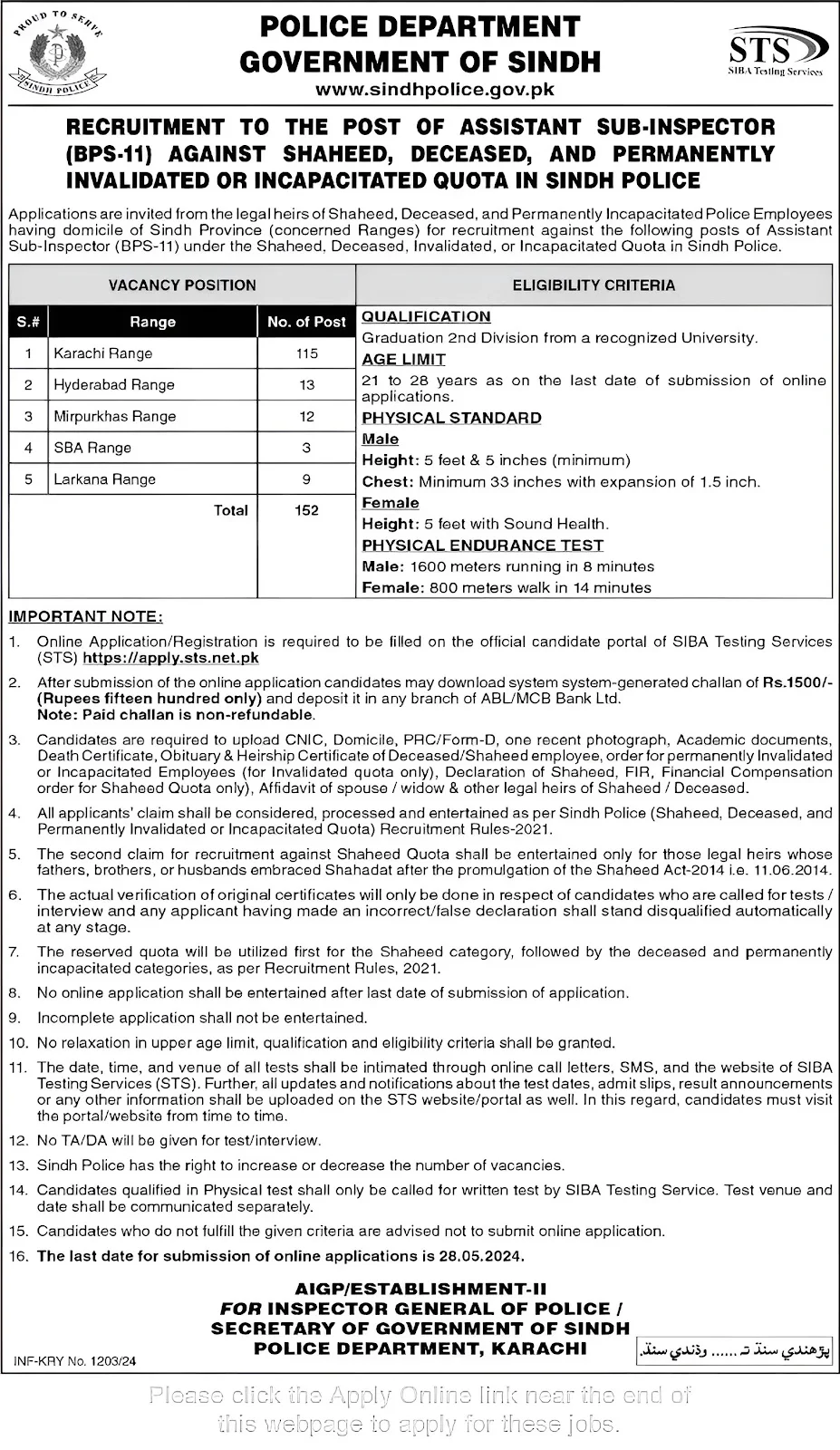 ASI Jobs in Sindh Police STS Apply Online Assistant Sub Inspectors Advertisement