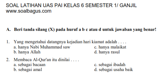 Soal UAS Agama Islam Kelas 6 Semester 1  Oemar Bakri