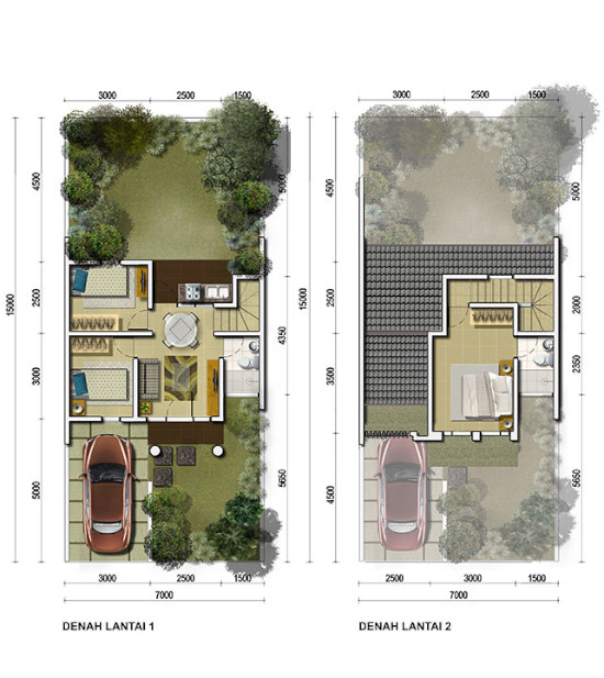 11 Denah rumah minimalis ukuran 7x15 meter 3 kamar tidur 2 