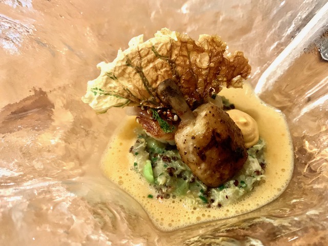 Roasted scallop, grains & greens, roe emulsion, lardo and BBQ chicken wing