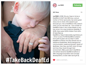 (Image description: A screenshot of National Association of the Deaf's Instagram account, @NAD1880, displaying a photo of a 4 year old white-haired, caucasian DeafBlind boy hugging his mom's hand with his head. Only his head, left hand which is holding a wooden toy, and his mom's hands are visible.)