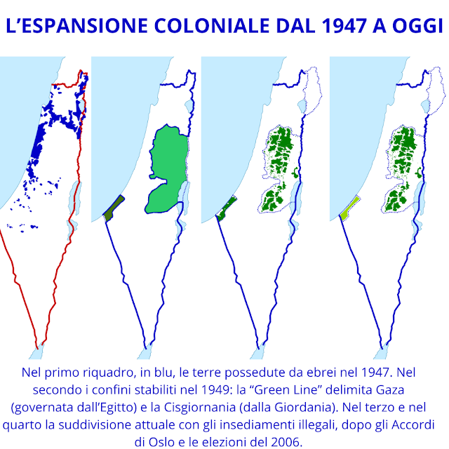 Una mappa che mostra come la comunità ebraica è passata dal possedere circa il 7% delle terre nel '47 a occupare quasi tutta la Palestina, inclusi gli insediamenti illegali in Cisgiordania. Il titolo recita: <L’ESPANSIONE COLONIALE DAL 1947 A OGGI>. Sotto la scritta:<Nel primo riquadro, in blu, le terre possedute da ebrei nel 1947. Nel secondo i confini stabiliti nel 1949: la “Green Line” delimita Gaza (governata dall’Egitto) e la Cisgiornania (dalla Giordania). Nel terzo e nel quarto la suddivisione attuale con gli insediamenti illegali, dopo gli Accordi di Oslo e le elezioni del 2006.>