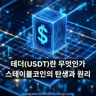 "A futuristic digital dollar glowing in blue light, hovering above a transparent blockchain grid, surrounded by holographic USDT symbols"라는 프롬프트를 사용하여 생성한 이미지를 이용한 '월드 와이드 블로그 글'의 썸네일 이미지 입니다.
