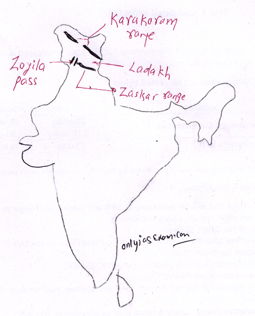 On the outline map of India, mark the Karakoram Range, Zanskar Range, Ladakh, and Zoji La pass