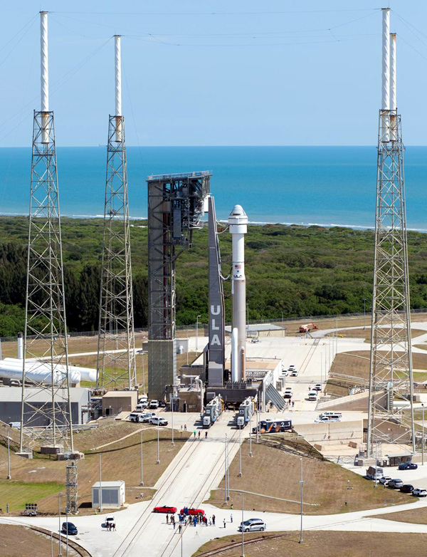 The Atlas V rocket carrying the Starliner Calypso capsule stands tall at Cape Canaveral Space Force Station's SLC-41 pad in Florida...on May 4, 2024.