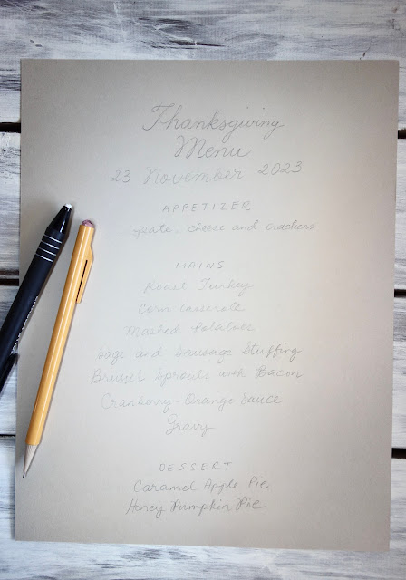 handwritten menu, menu, Thanksgiving, watercolor, brush lettering, hand lettering, calligraphy, Pentel brush pen, entertaining, blah to TADA