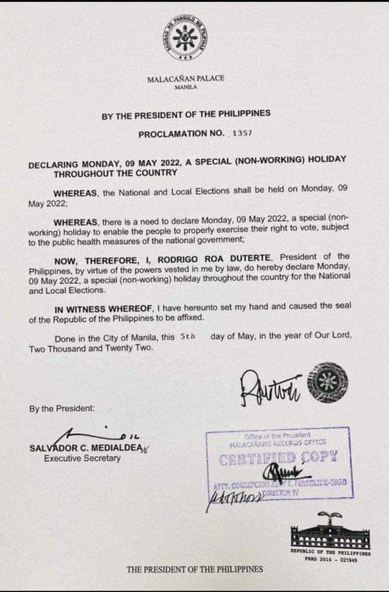 DECLARING MONDAY, 09 MAY 2022, A SPECIAL (NON-WORKING) HOLIDAY THROUGHOUT THE COUNTRY