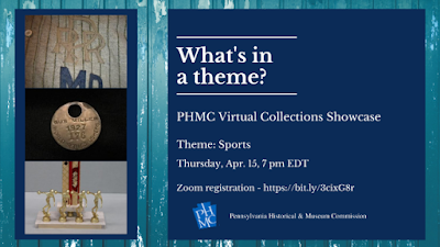 Text reads "What's in a theme? PHMC Virtual Collections Showcase" Background image is a wooden wall and there are smaller images of a baseball uniform, a round metal ID tag, and a bowling trophy