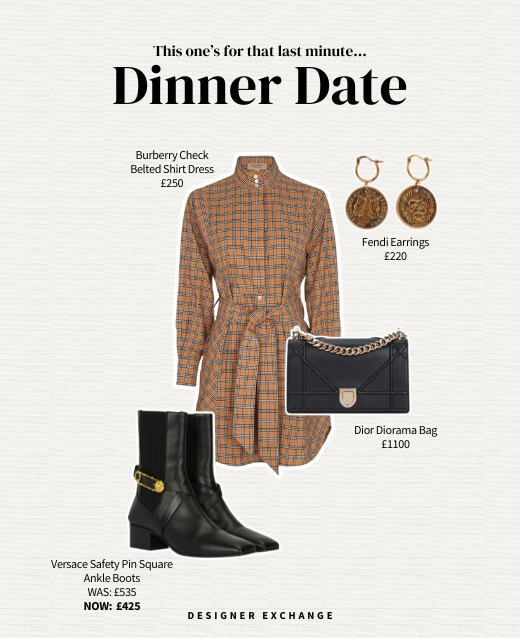 Collage image of Date night outfit against grey backdrop, outfit includes burberry shirt dress, Versace heeled boots, Fendi gold coin earings and Dior bag.