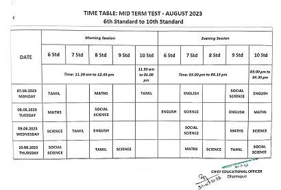6th to 12th 1st Mid Term Time Table Dharmapuri District August 2023