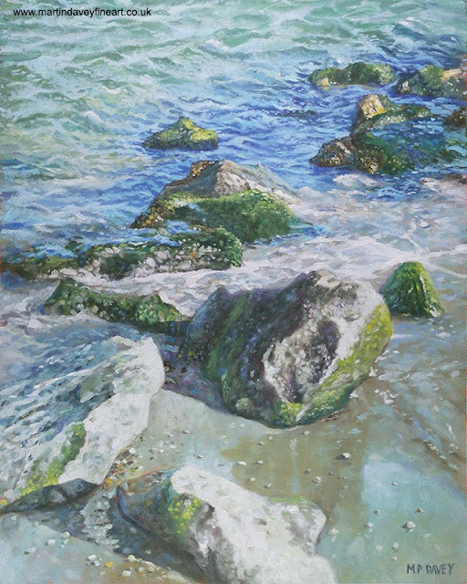 seaside rocks with sea water oil painting by M P Davey
