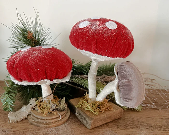 mushrooms with greenery and glitter