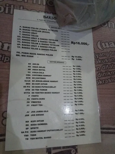 Daftar menu Bakso Pekih Purwokerto