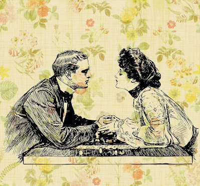 Rysunek pary siedzącej przy stoliku i trzymającej się za ręce