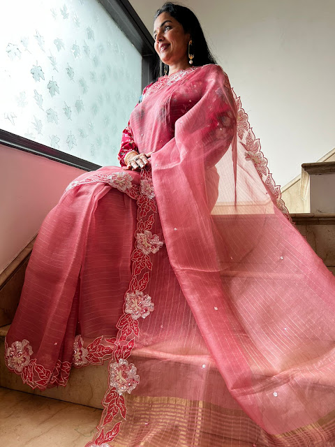 Embracing Luxury in Dusty Rose Pink Hand-Embroidered Silk Kora Saree
