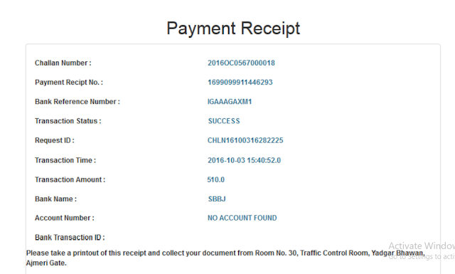 rajasthan traffic challan fine list