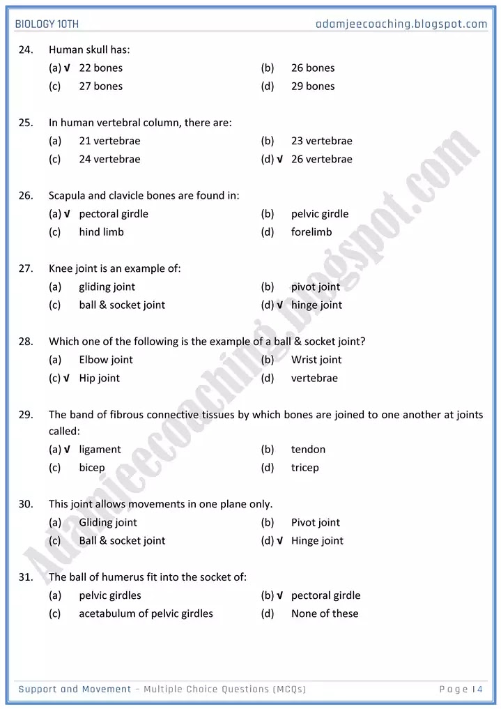 support-and-movement-mcqs-biology-10th