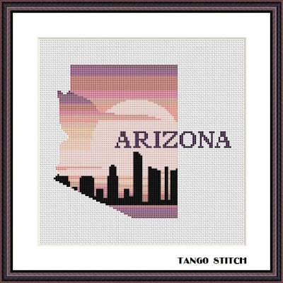 Arizona state map skyline silhouette sunset cross stitch pattern