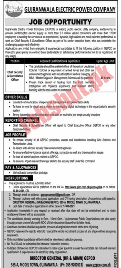 Gujranwala Electric Supply Company Gepco Jobs 2021