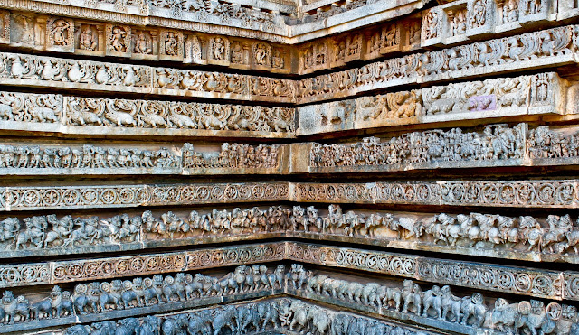 Similar to that of Belur temple, the first three rows carries Elephants, Lions and Horses