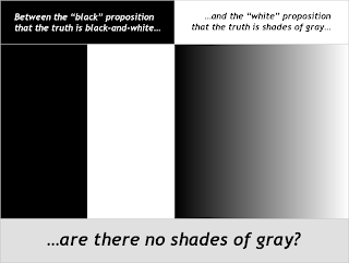 Illustration: Top-left: "Between the 'black' proposition that the truth is black-and-white...", on black background; Top-right: "...and the 'white' proposition that the truth is shades of gray...", on white background; Middle-left: black block and white block, sharply demarcated; Middle-right: smooth gray gradient; Bottom: "...are there no shades of gray?", on gray background