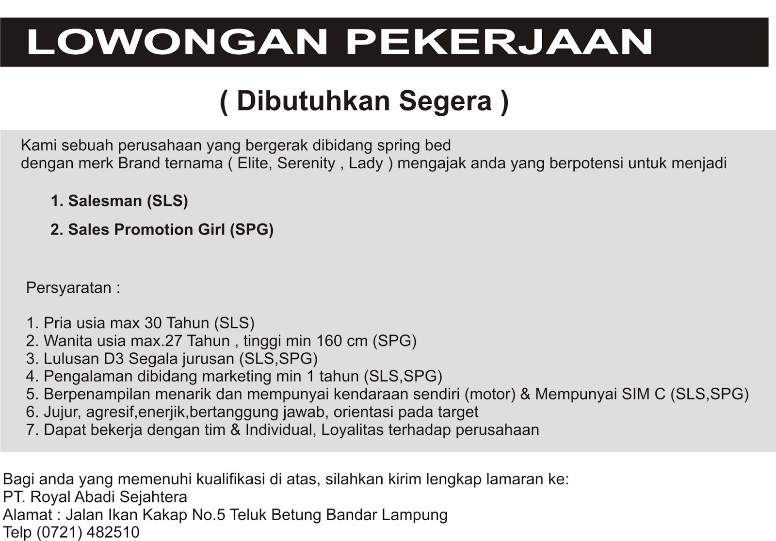 Lowongan Kerja PT. Royal Abadi Sejahtera