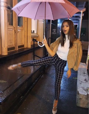 Emily Ratajkowskin in Topshop Suede Jacket Mock Top and  Check Pants at NYFW