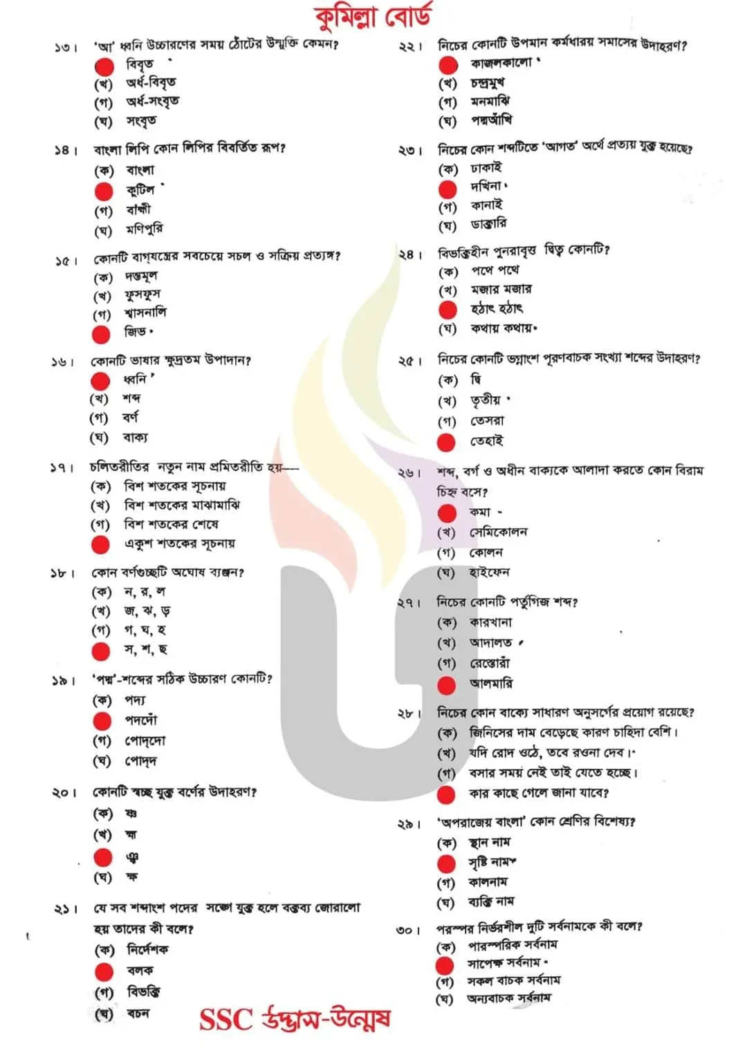 এসএসসি কুমিল্লা বোর্ড বাংলা ২য় পত্র বহুনির্বাচনি উত্তরমালা ২০২৪