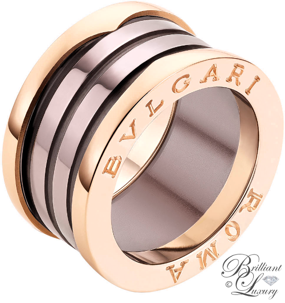 ♦Bvlgari B.zero1 Roma 4-band 18k rose gold ring with bronze ceramic #bvlgari #jewelry #brilliantluxury