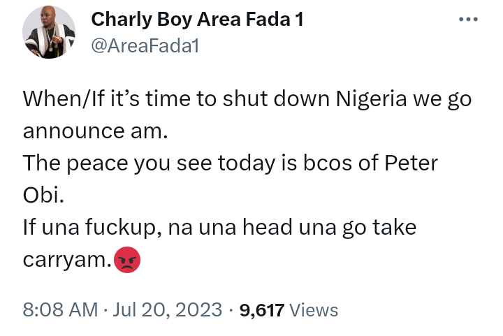 "Justice Ugo resigns" - nah Charly Boy tuk am