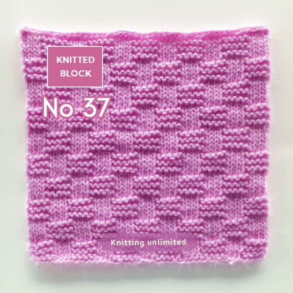 Knitted square no 37 is a textured square pattern that resembles the woven pattern of a traditional basket. It is created by alternating groups of knit and purl stitches over a set number of rows, creating a series of interlocking squares.