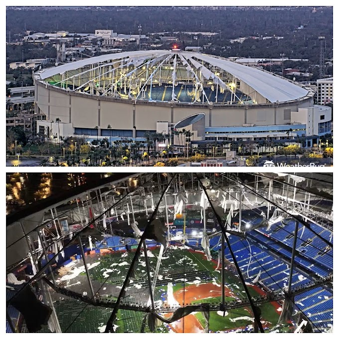 VIDEO, Impactantes imágenes de dron muestran cómo el huracán Milton arrancó el techo del Tropicana Field