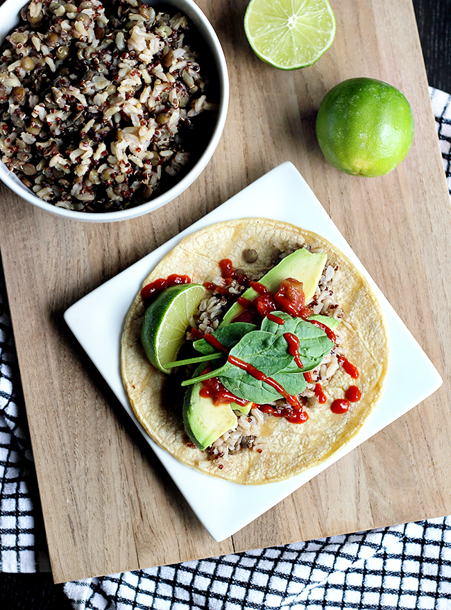 Jasmine Rice, Lentil, and Red Quinoa Tacos