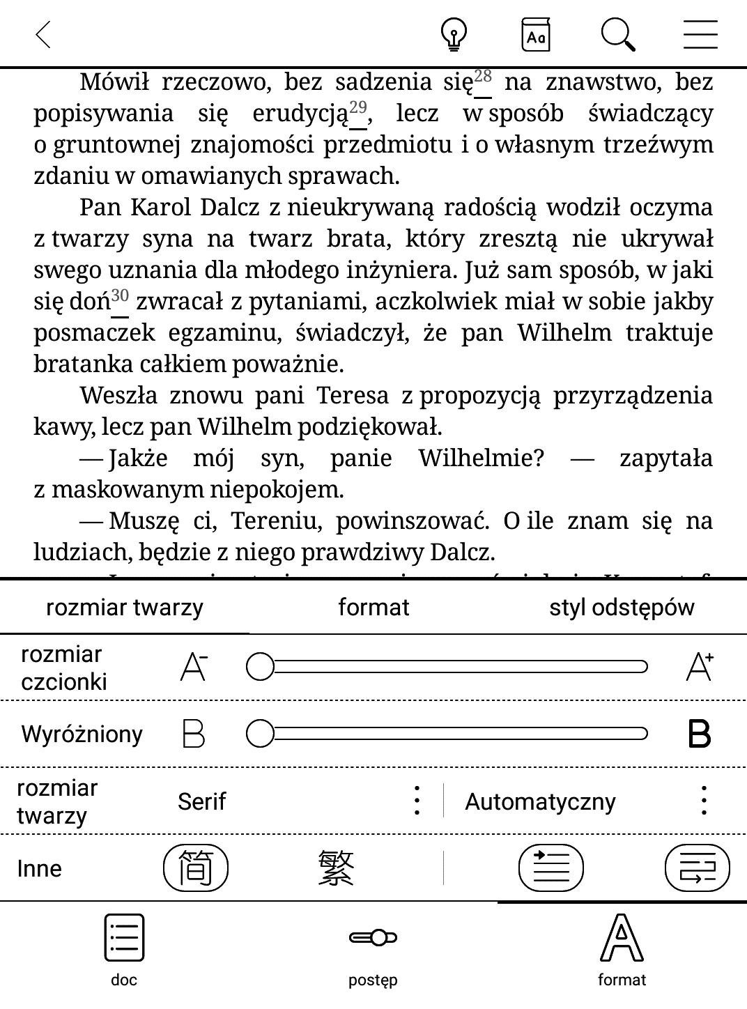 Ustawienia czcionki w aplikacji Neo Reader na czytniku Onyx Boox Poke 3 kryją się pod nazwą rozmiar twarzy