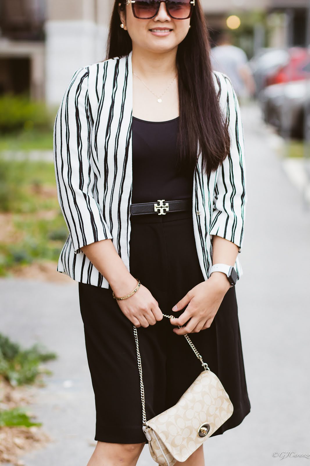 Stripe Blazer | H&M Bermuda Shorts | Coach Bag and Shoes | Tory Burch Reversible Belt | Square Sunglasses | Petite Outfit | Summer Outfit