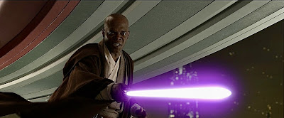 Samuel L. Jackson as Mace windu and his supercool purple lightsaber