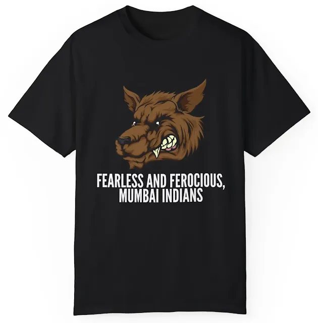 Garment Dyed Personalized Mumbai Indians Cricket T-Shirt for Men and Women With Giant Werewolf Character and Slogan Fearless and ferocious, Mumbai Indians