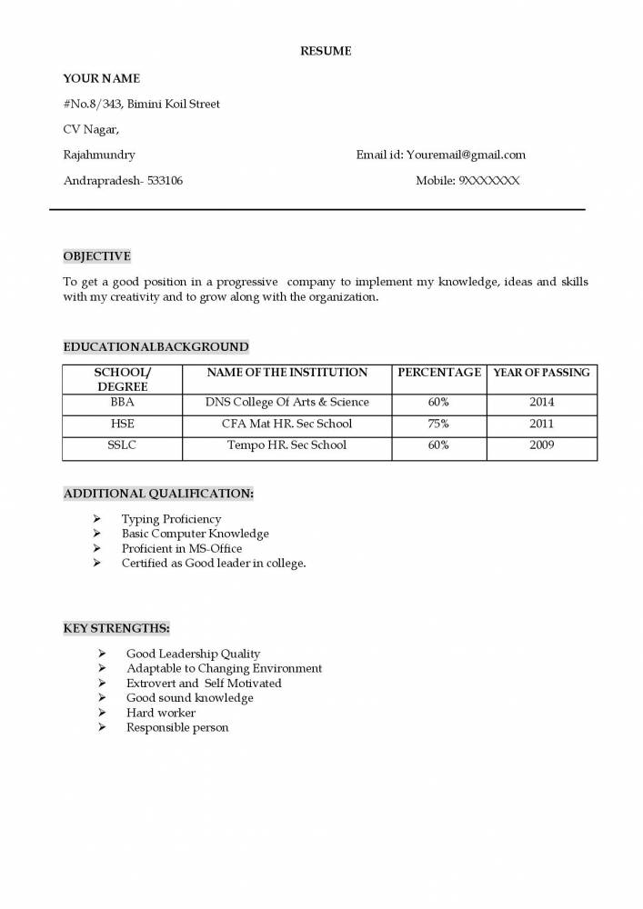 Resume Format For Freshers Bba - Latest Resume Format for ...