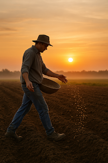 A farmer sowing seeds in a golden sunrise field, symbolizing spiritual investment.