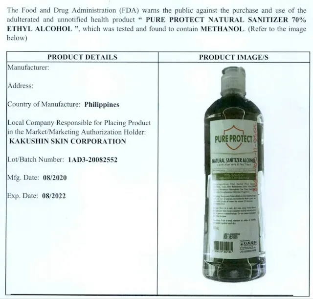 Pure Protect Natural Sanitizer Alcohol FDA disapproval methanol
