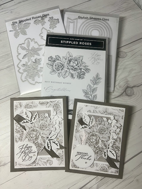 Stampin' Up! Stamps dies and papers used to create Stippled Roses Greeting Cards