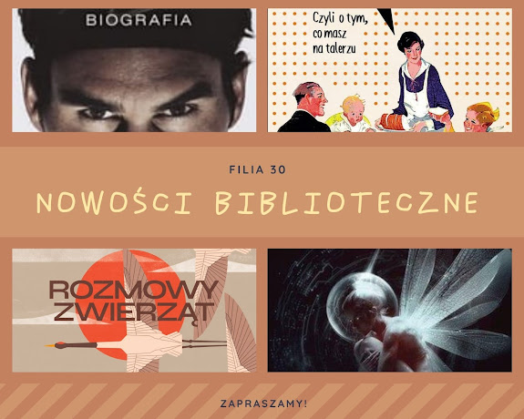 Kolaż przedstawiający fragmenty okładek nowości bibliotecznych